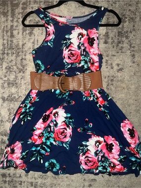 Navy Floral sleeveless Dress with floral Bloom Print